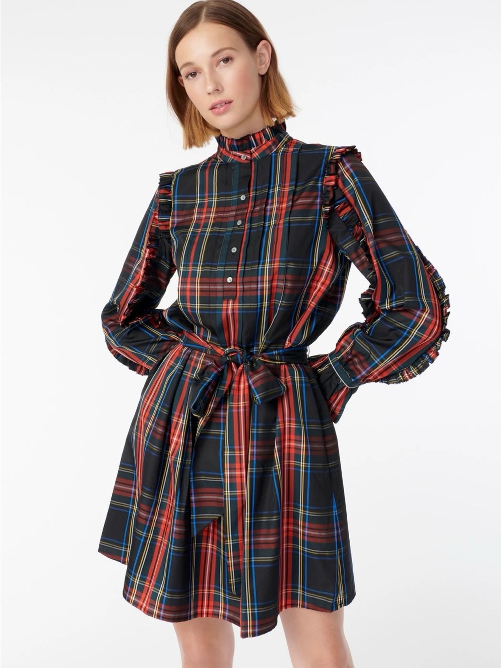 NWT- J. Crew Black Multi Plaid Ruffle Tie-Waist Long-Sleeve Dress